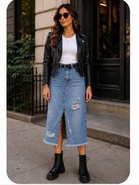 &Denim Distressed Midi Denim Skirt | Size 10